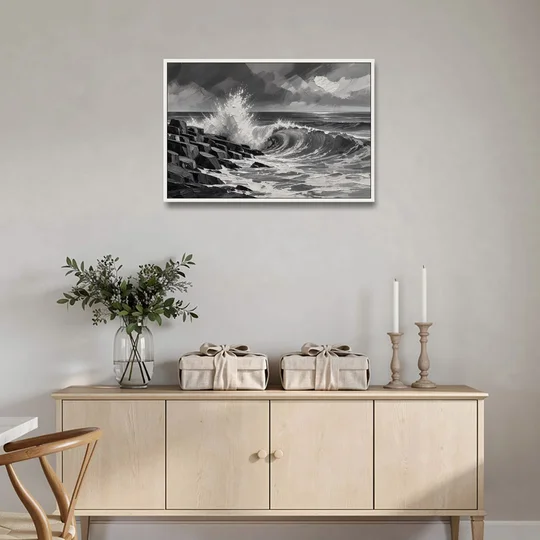 Black and White Paintings of a Crashing Wave - White Framed Canvas Wall Art - Coffee Table - 36x24