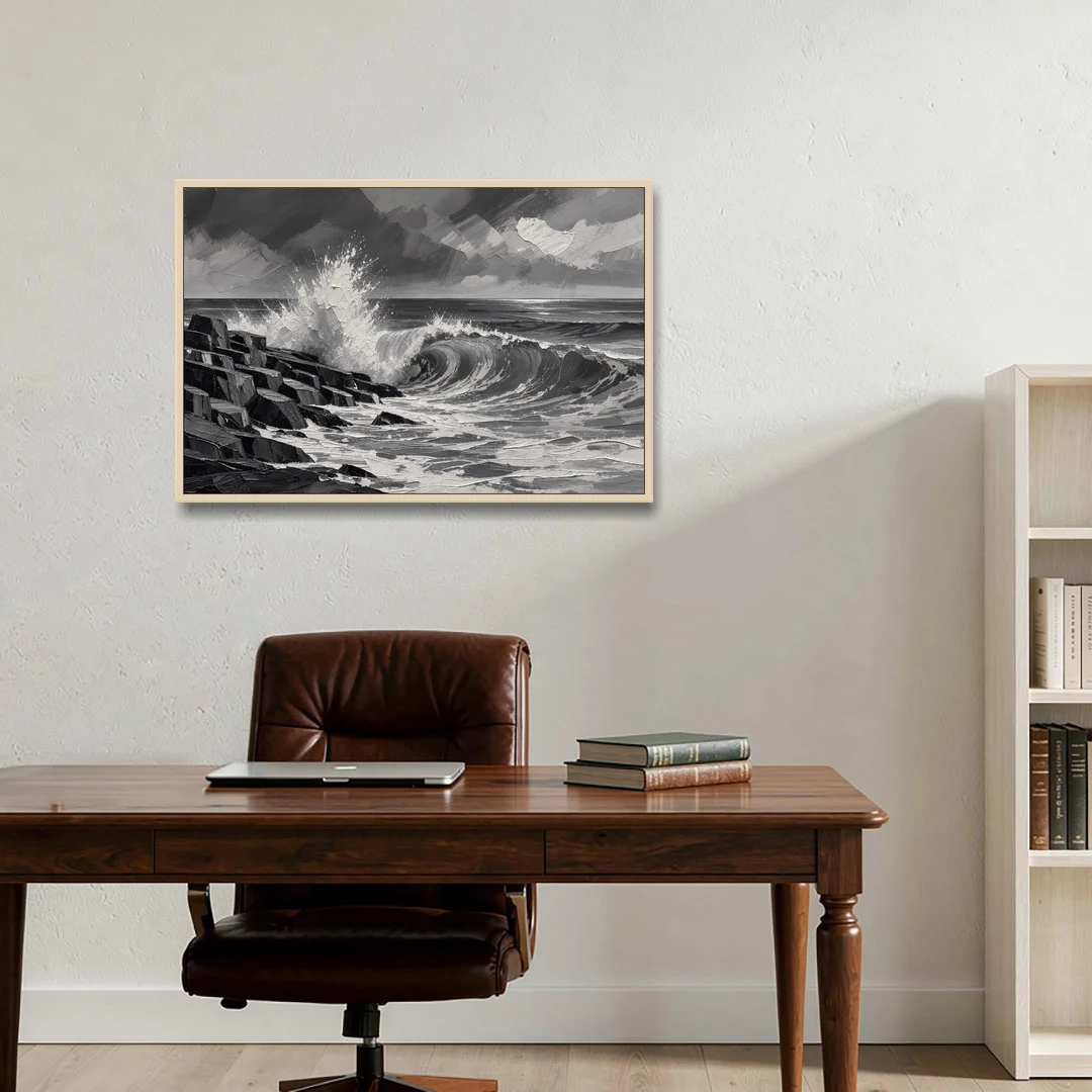 Black and White Paintings of a Crashing Wave - Oak Framed Canvas Wall Art - Office - 36x24