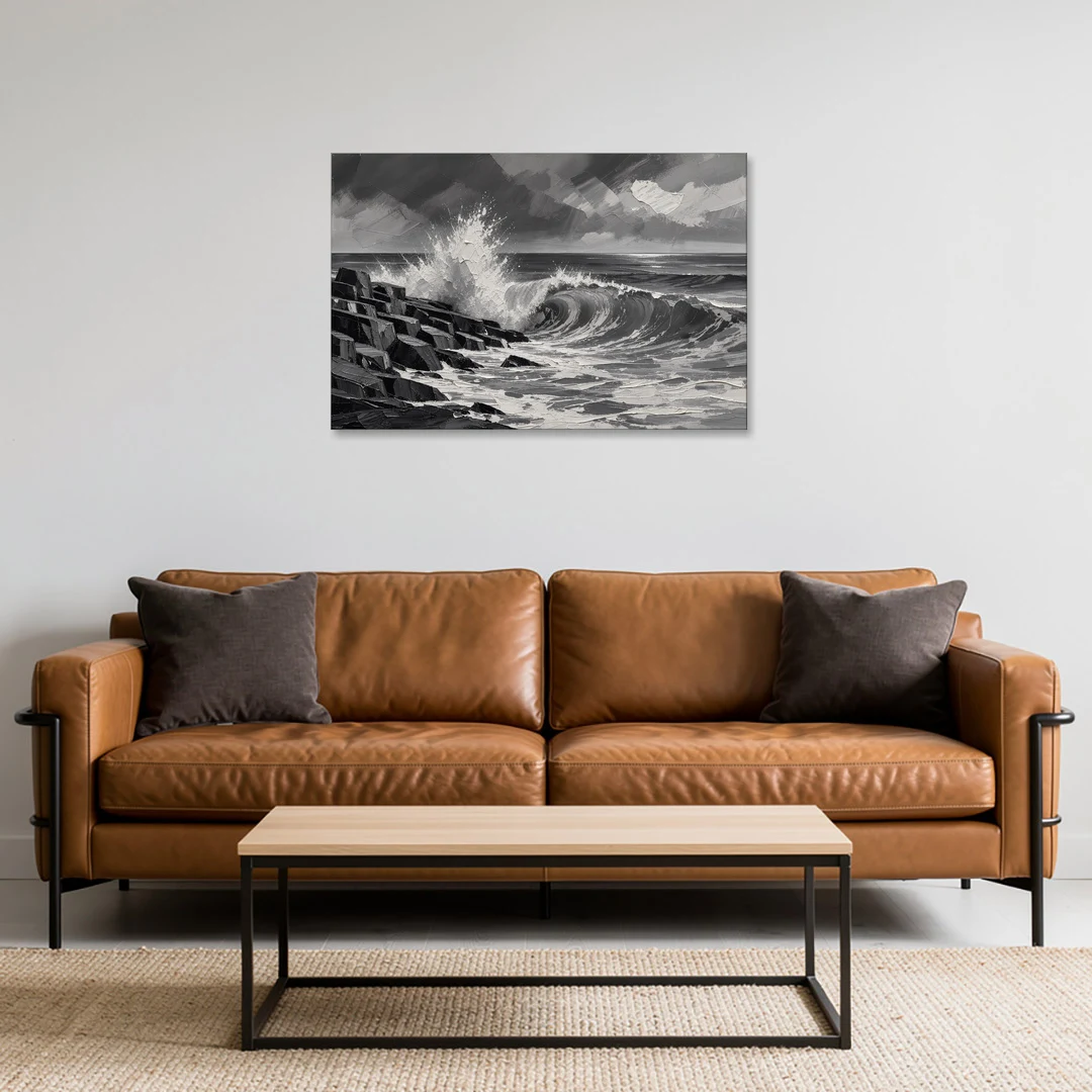Black and White Paintings of a Crashing Wave - Canvas Wall Art - Sofa - 36x24