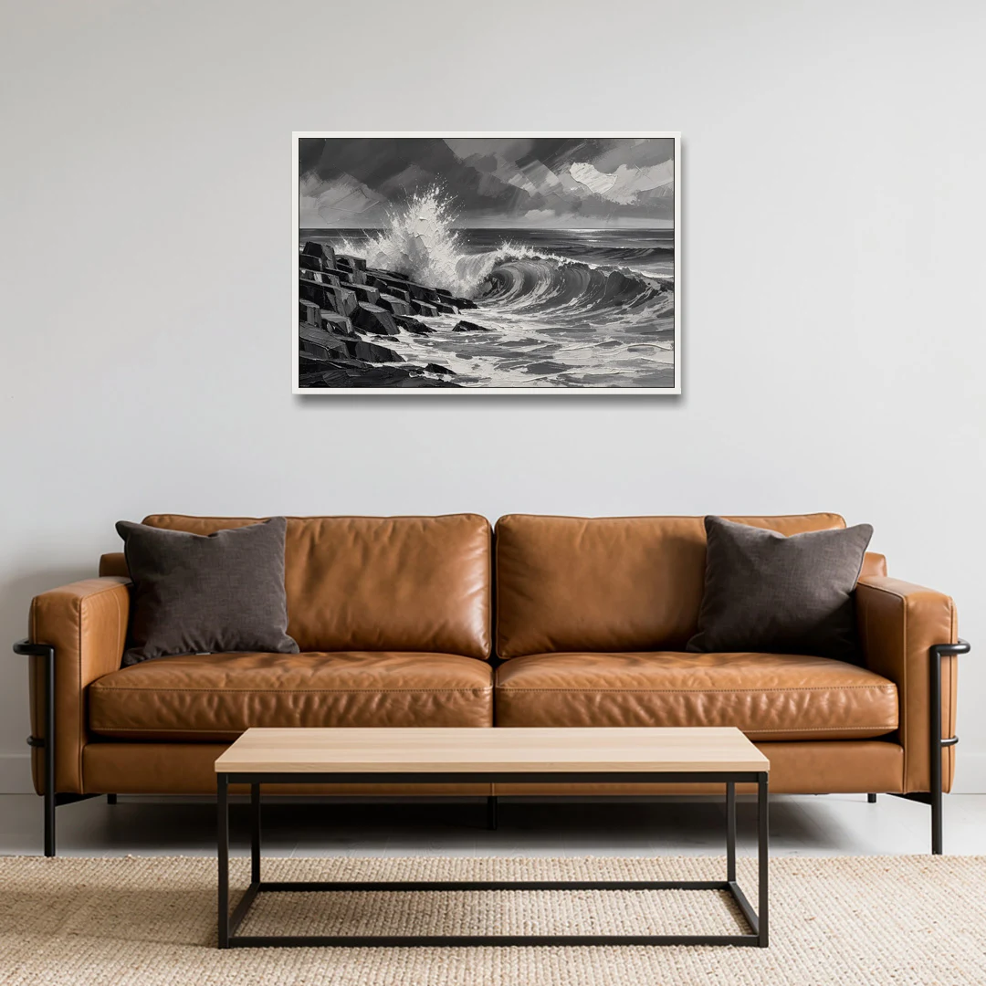 Black and White Paintings of a Crashing Wave - White Framed Canvas Wall Art - Sofa - 36x24
