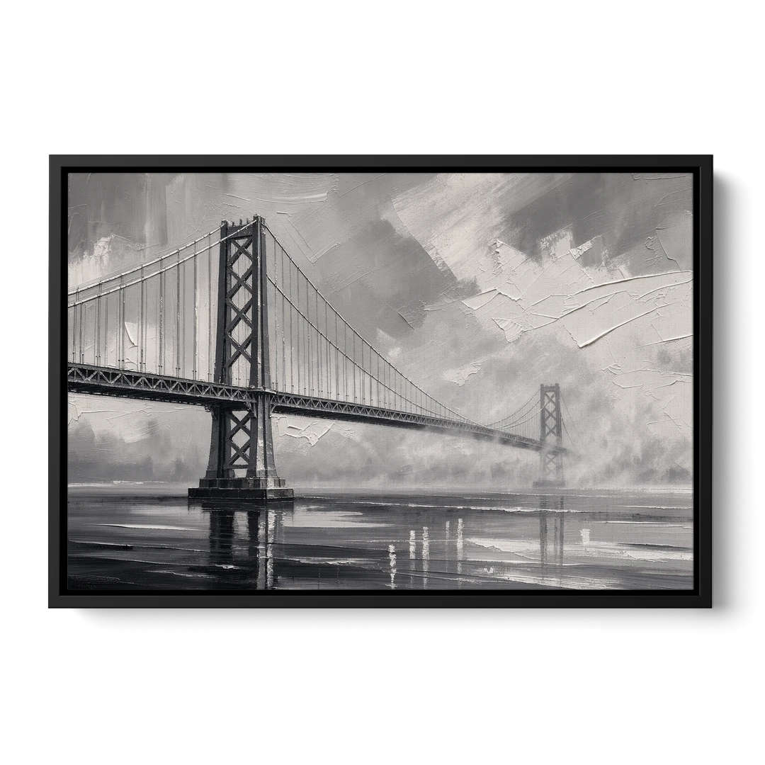 Black and White Panoramic Wall Art of a Bridge - Black Framed Canvas Wall Art - Front