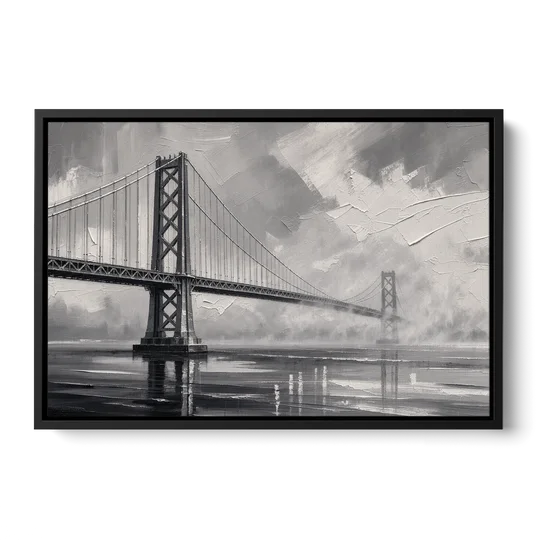 Black and White Panoramic Wall Art of a Bridge - Black Framed Canvas Wall Art - Front