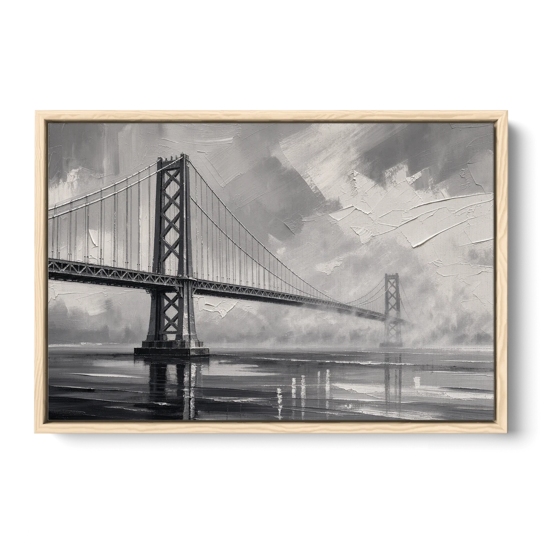 Black and White Panoramic Wall Art of a Bridge - Oak Framed Canvas Wall Art - Front