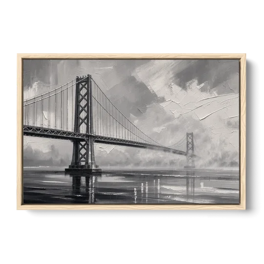Black and White Panoramic Wall Art of a Bridge - Oak Framed Canvas Wall Art - Front