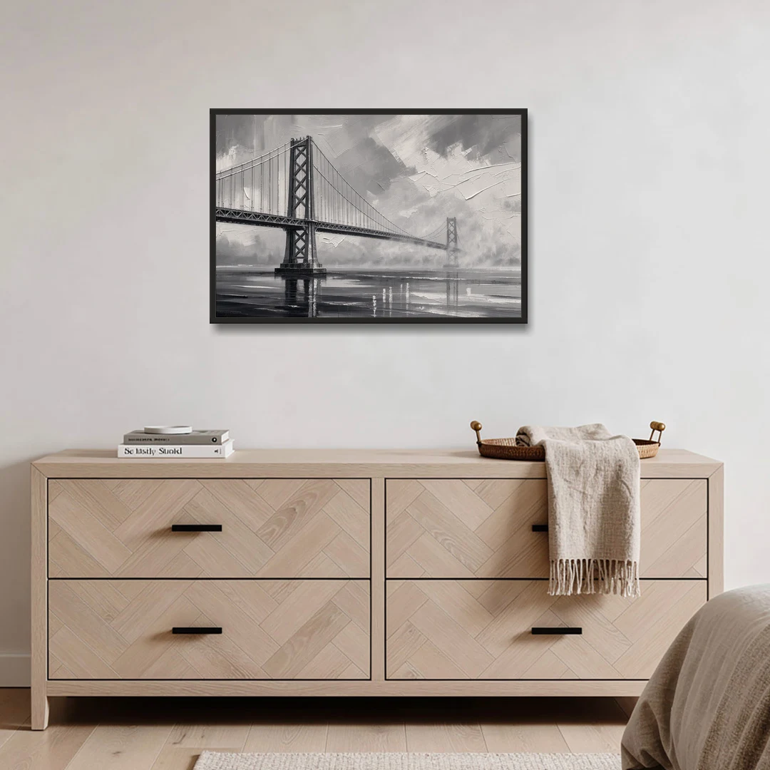 Black and White Panoramic Wall Art of a Bridge - Black Framed Canvas Wall Art - Coffee Table - 36x24