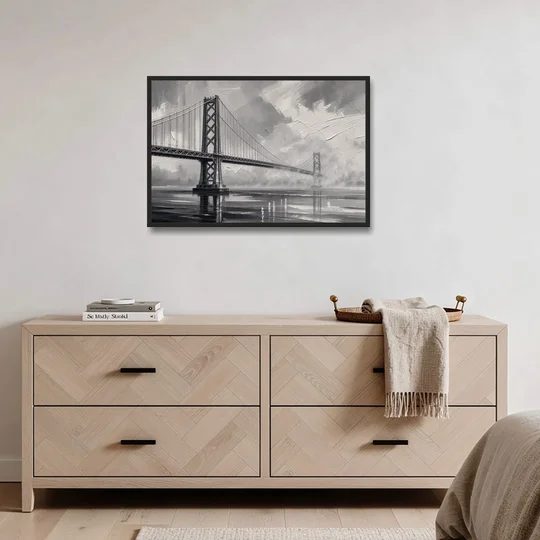 Black and White Panoramic Wall Art of a Bridge - Black Framed Canvas Wall Art - Coffee Table - 36x24