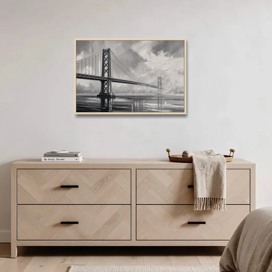 Black and White Panoramic Wall Art of a Bridge - Oak Framed Canvas Wall Art - Coffee Table - 36x24