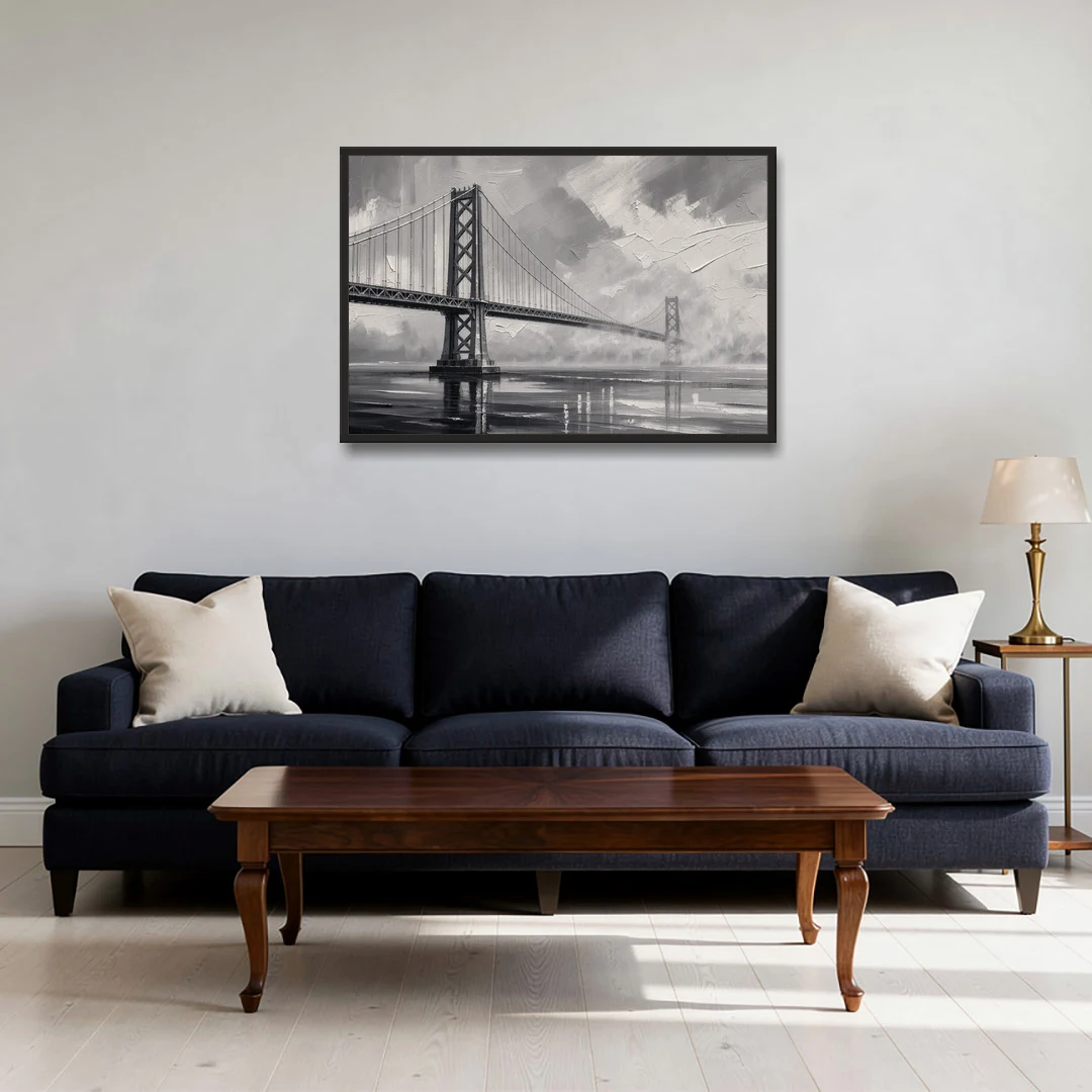 Black and White Panoramic Wall Art of a Bridge - Black Framed Canvas Wall Art - Sofa - 36x24