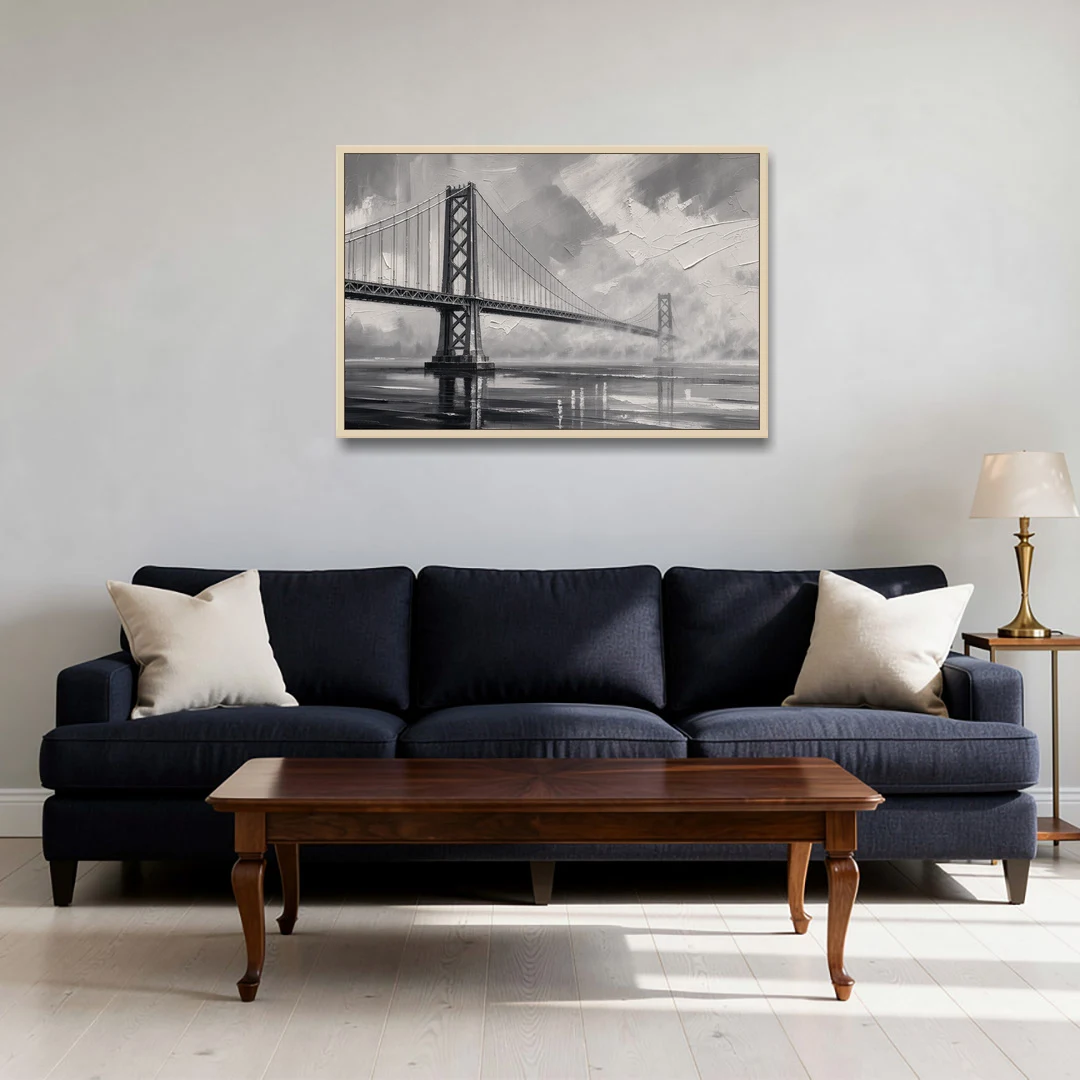 Black and White Panoramic Wall Art of a Bridge - Oak Framed Canvas Wall Art - Sofa - 36x24