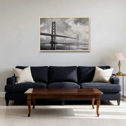 Black and White Panoramic Wall Art of a Bridge - Oak Framed Canvas Wall Art - Sofa - 36x24