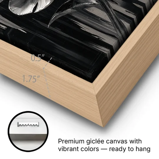 Black and White Peony Wall Art in Full Bloom - Oak Framed Canvas Wall Art - Gallery Wrap Corner