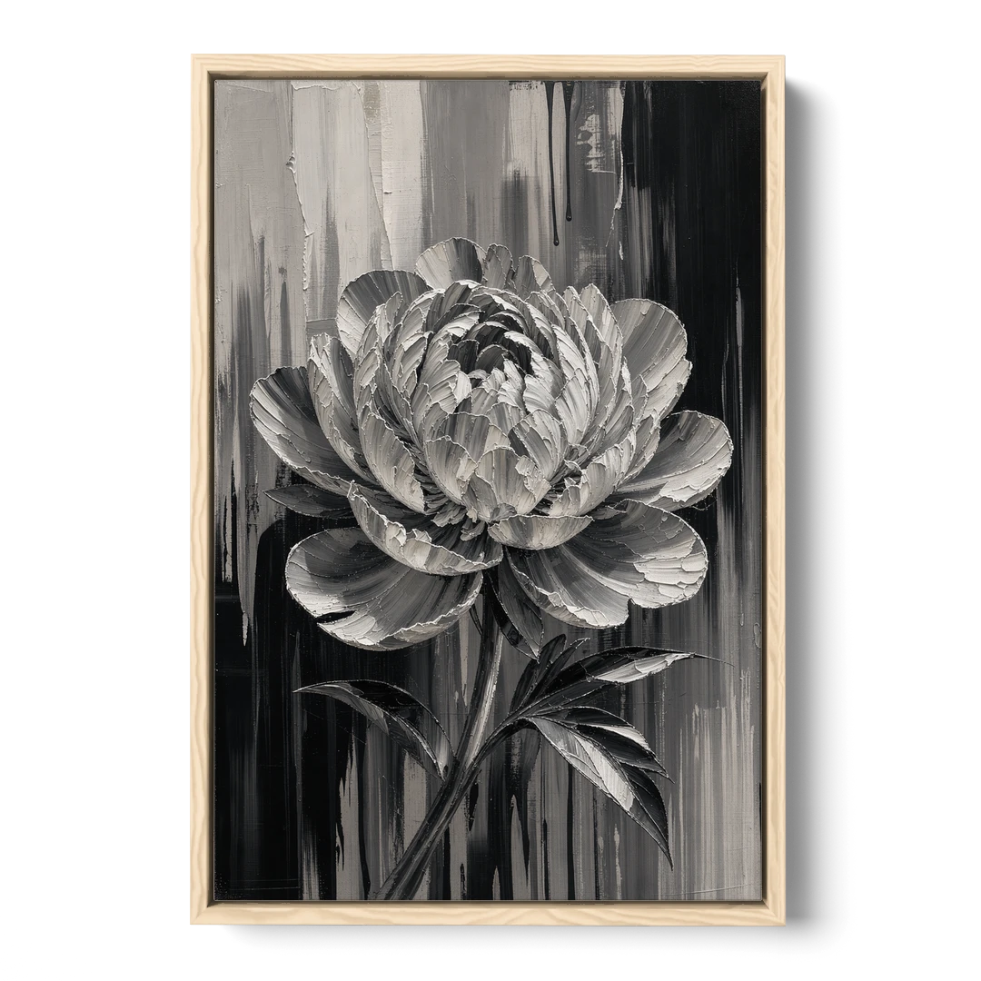 Black and White Peony Wall Art in Full Bloom - Oak Framed Canvas Wall Art - Front