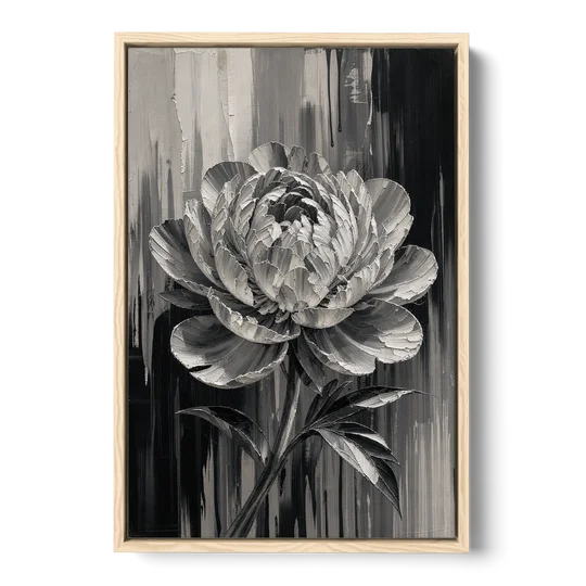 Black and White Peony Wall Art in Full Bloom - Oak Framed Canvas Wall Art - Front