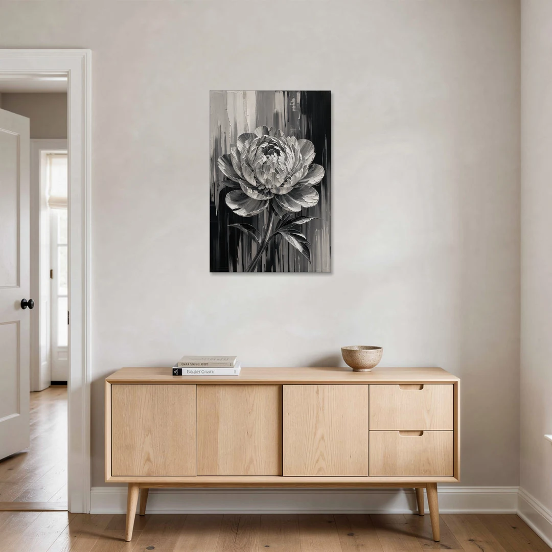 Black and White Peony Wall Art in Full Bloom - Canvas Wall Art - Coffee Table - 24x36