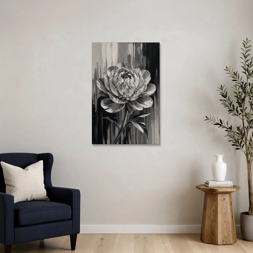 Black and White Peony Wall Art in Full Bloom - Canvas Wall Art - Sofa - 24x36