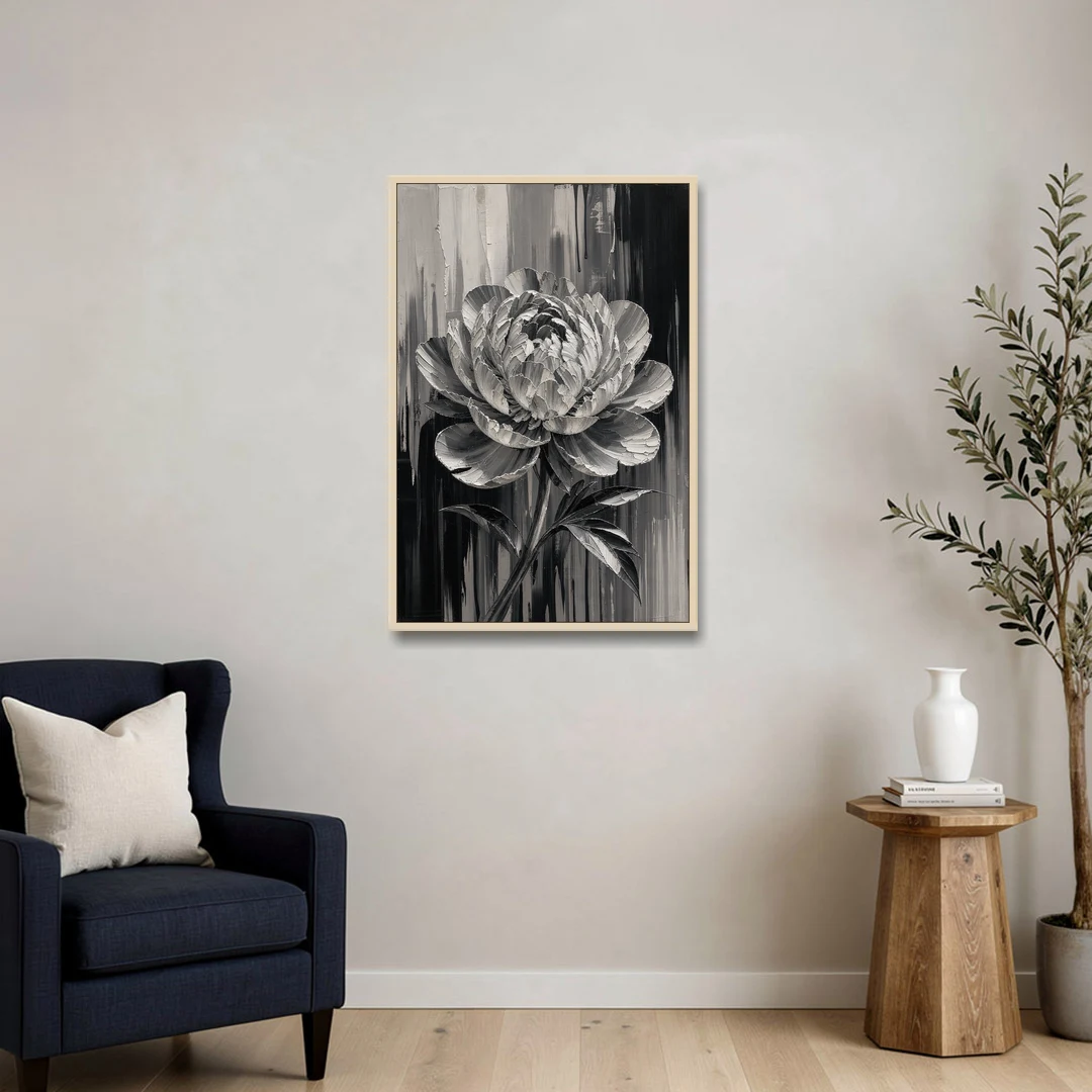 Black and White Peony Wall Art in Full Bloom - Oak Framed Canvas Wall Art - Sofa - 24x36