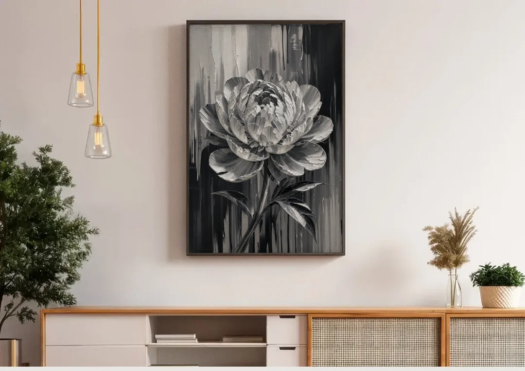 Black and White Peony Wall Art in Full Bloom canvas wall art above a wooden sideboard under pendant lights