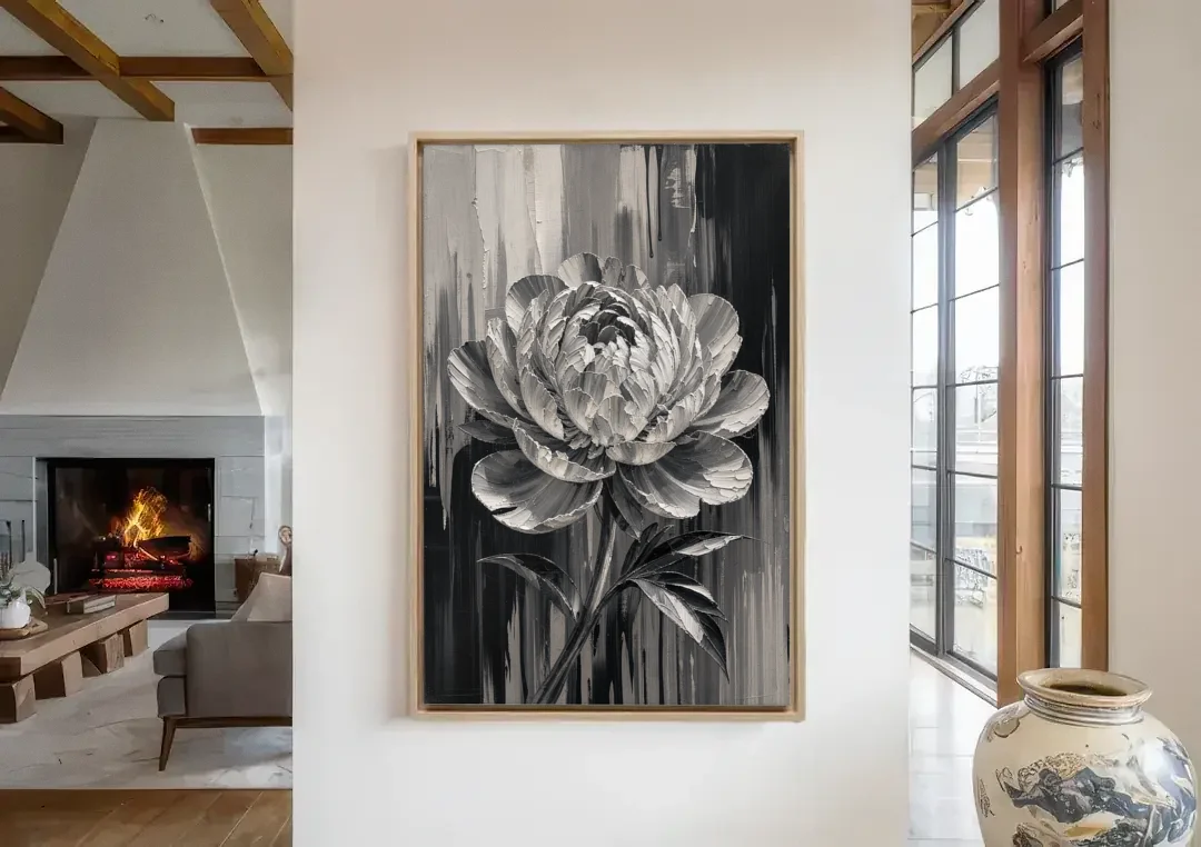 Black and White Peony Wall Art in Full Bloom canvas wall art in a living room with a fireplace