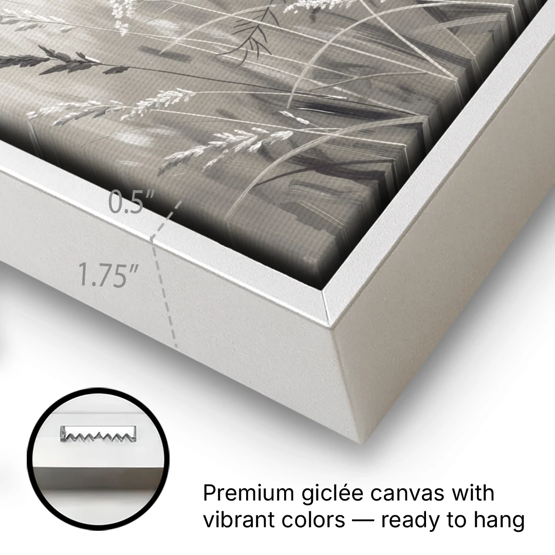 Black and White Queen Anne's Lace Flower Meadow - White Framed Canvas Wall Art - Gallery Wrap Corner