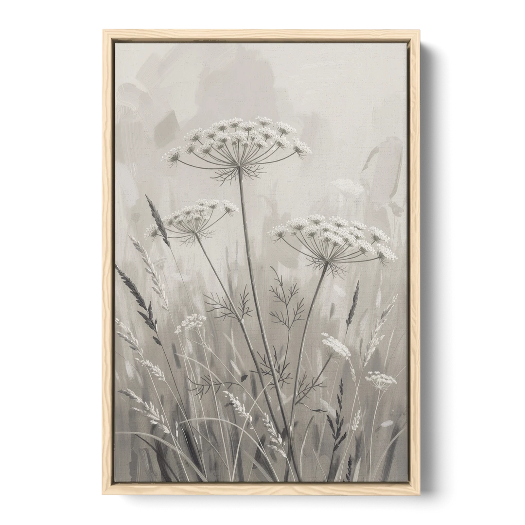 Black and White Queen Anne's Lace Flower Meadow - Oak Framed Canvas Wall Art - Front
