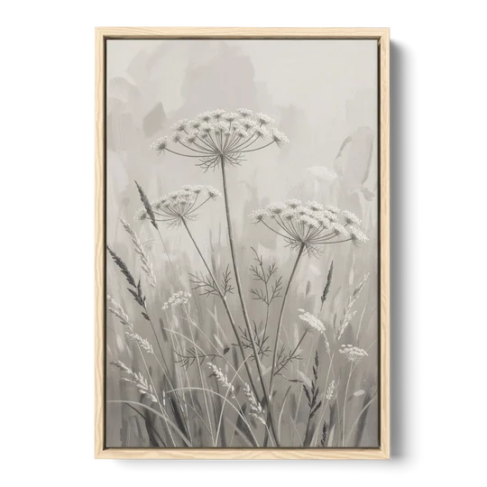 Black and White Queen Anne's Lace Flower Meadow - Oak Framed Canvas Wall Art - Front