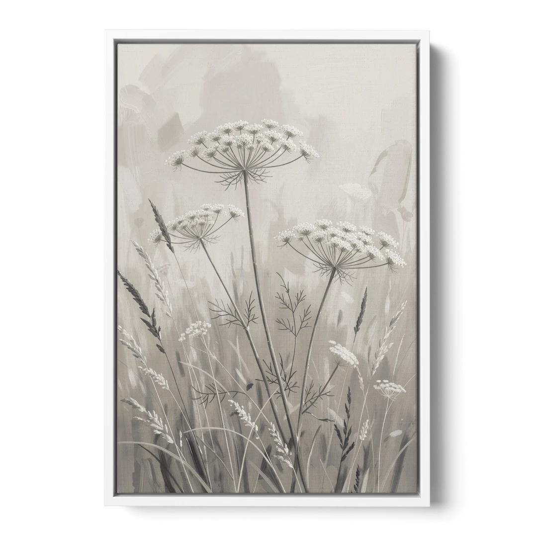 Black and White Queen Anne's Lace Flower Meadow - White Framed Canvas Wall Art - Front
