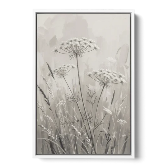 Black and White Queen Anne's Lace Flower Meadow - White Framed Canvas Wall Art - Front