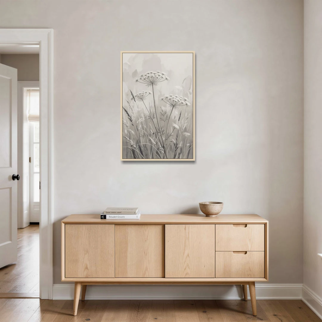 Black and White Queen Anne's Lace Flower Meadow - Oak Framed Canvas Wall Art - Coffee Table - 24x36