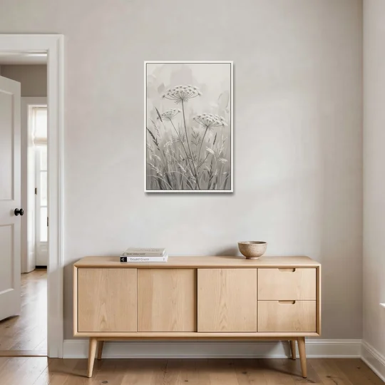 Black and White Queen Anne's Lace Flower Meadow - White Framed Canvas Wall Art - Coffee Table - 24x36