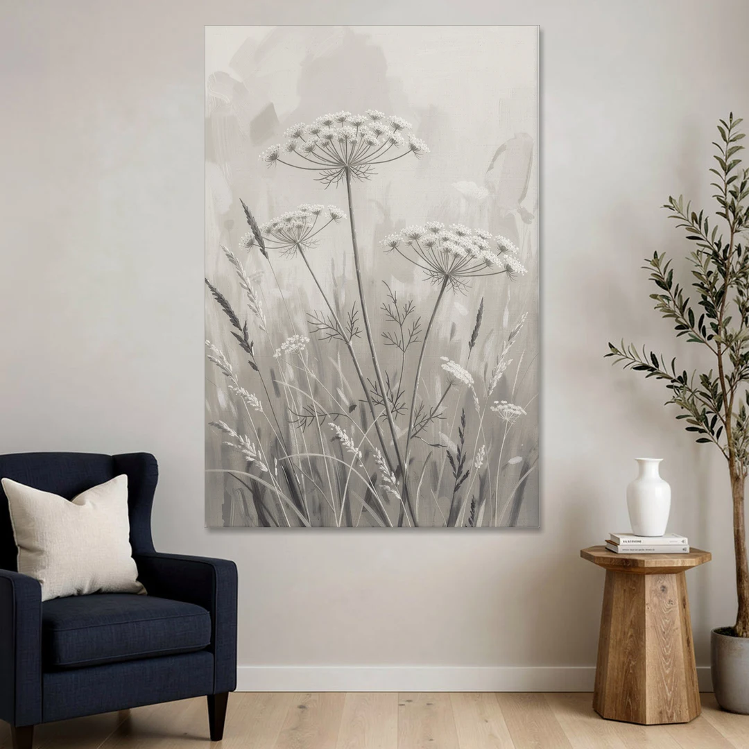 Black and White Queen Anne's Lace Flower Meadow - Canvas Wall Art - Sofa - 40x60