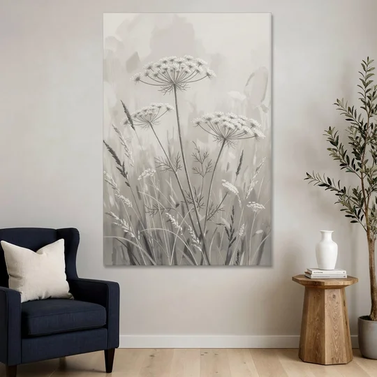 Black and White Queen Anne's Lace Flower Meadow - Canvas Wall Art - Sofa - 40x60