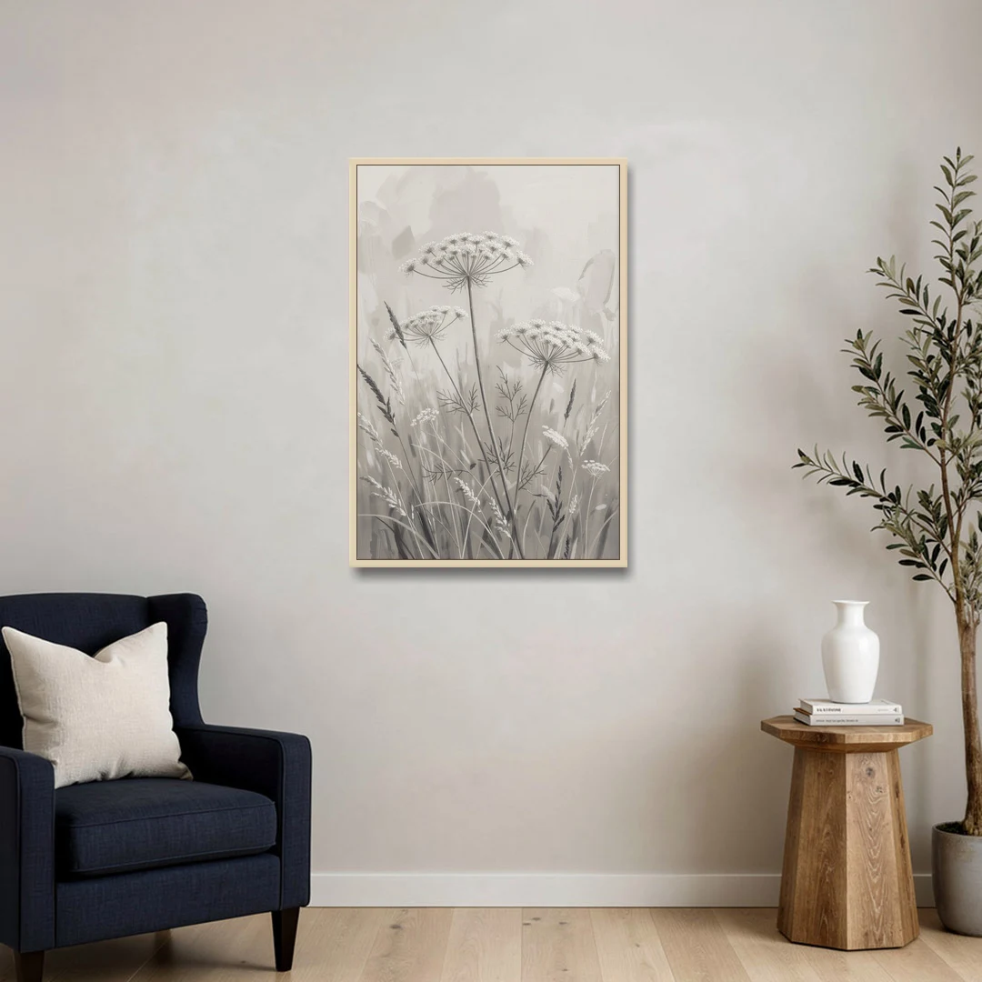 Black and White Queen Anne's Lace Flower Meadow - Oak Framed Canvas Wall Art - Sofa - 24x36