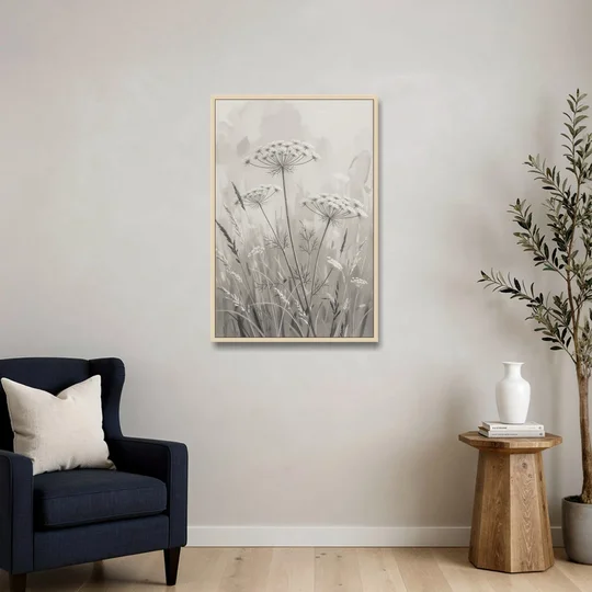 Black and White Queen Anne's Lace Flower Meadow - Oak Framed Canvas Wall Art - Sofa - 24x36
