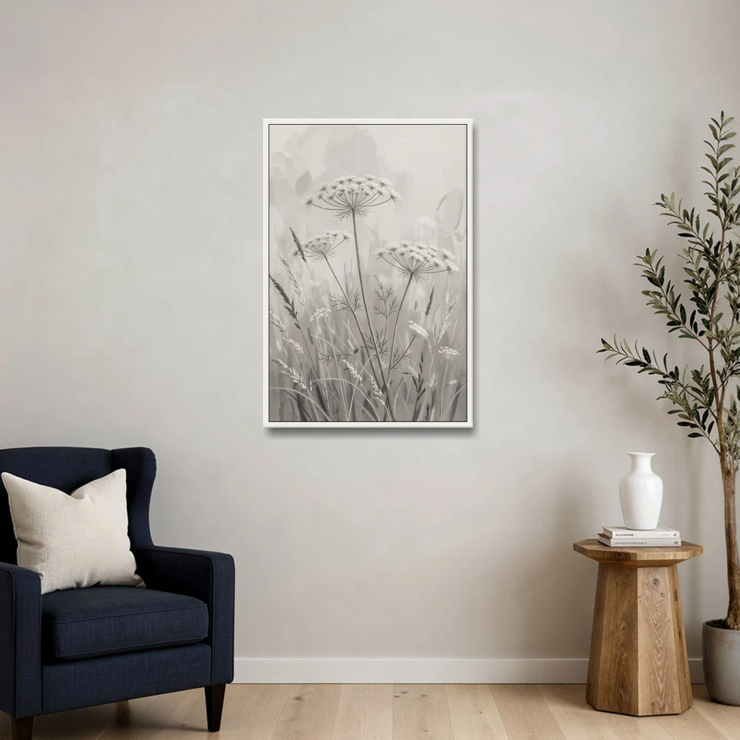 Black and White Queen Anne's Lace Flower Meadow - White Framed Canvas Wall Art - Sofa - 24x36