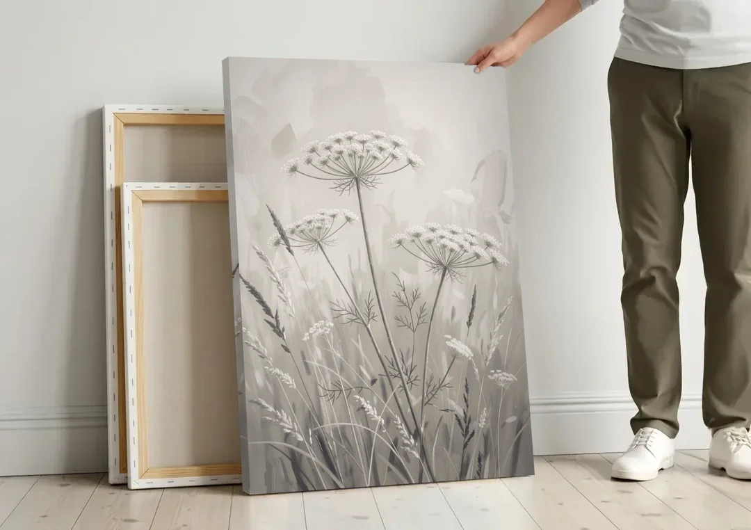 Black and White Queen Anne's Lace Flower Meadow canvas wall art leaning against a wall next to blank canvases