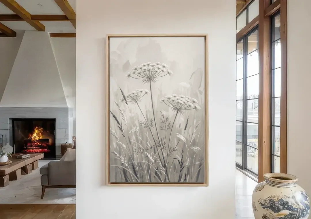 Black and White Queen Anne's Lace Flower Meadow canvas wall art in a living room with a fireplace