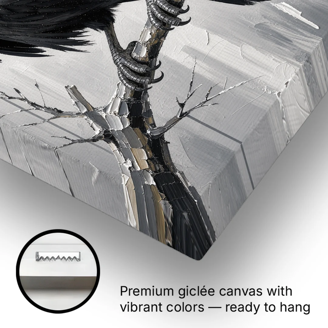 Black and White Raven on a Gnarled Branch - Canvas Wall Art - Gallery Wrap Corner