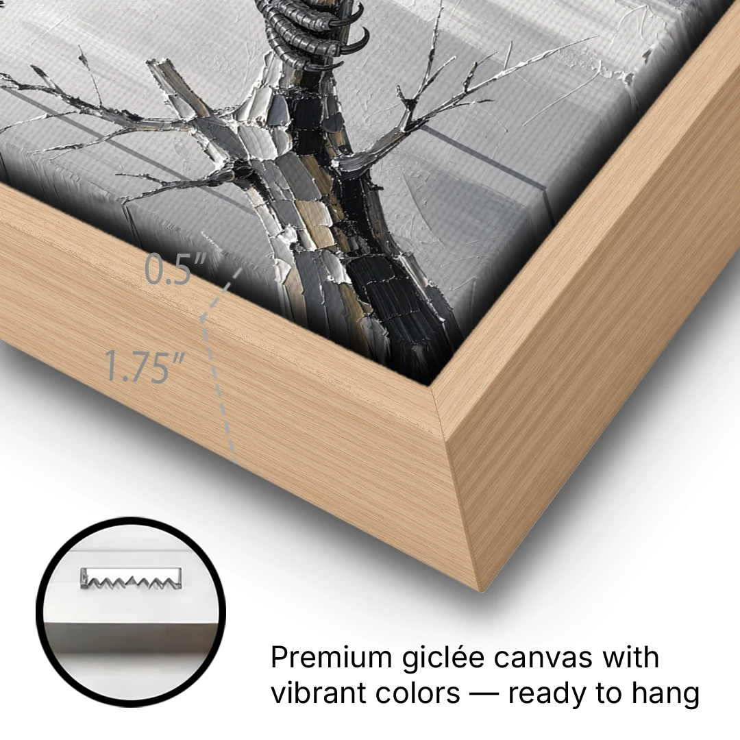 Black and White Raven on a Gnarled Branch - Oak Framed Canvas Wall Art - Gallery Wrap Corner