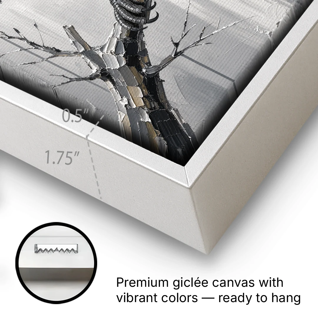 Black and White Raven on a Gnarled Branch - White Framed Canvas Wall Art - Gallery Wrap Corner