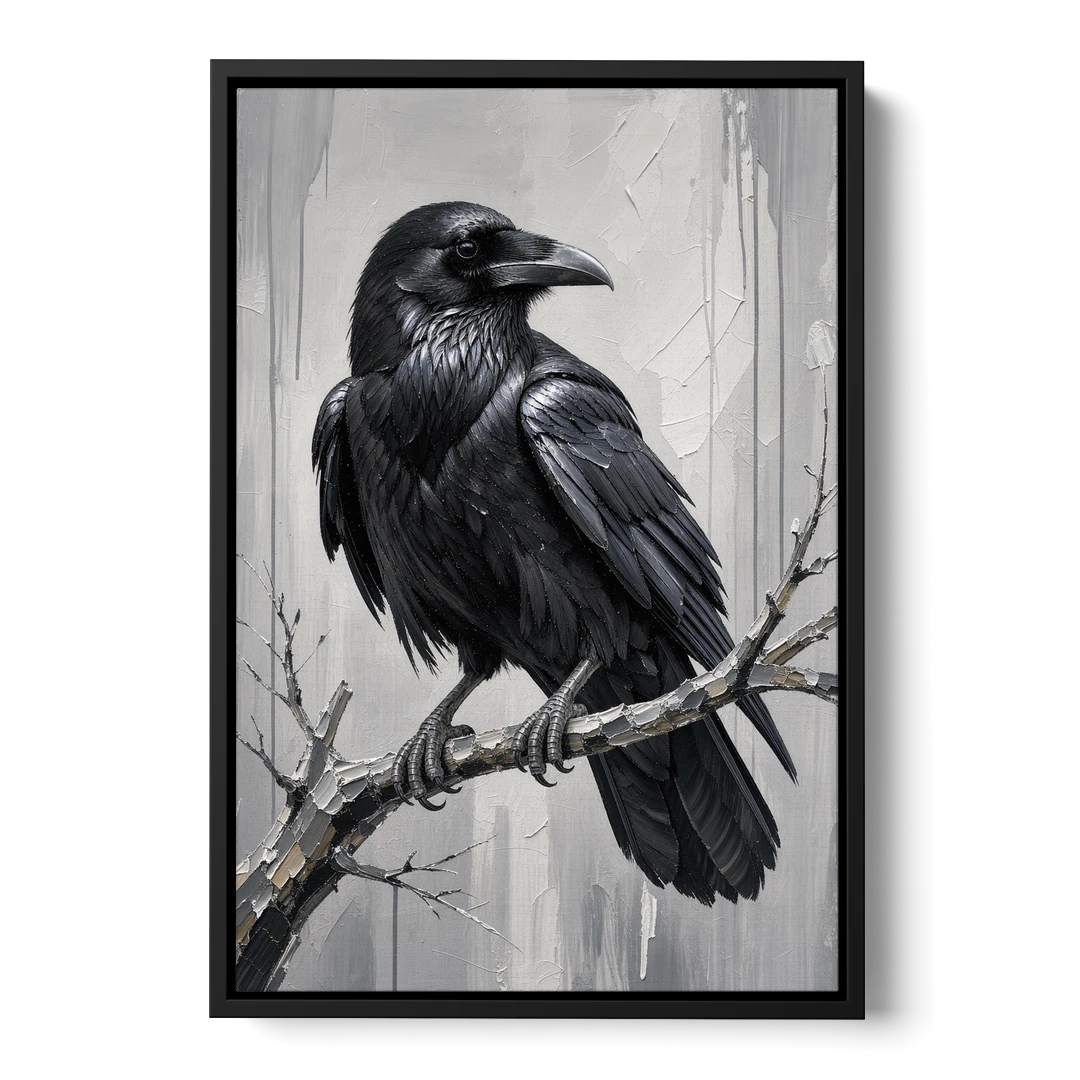Black and White Raven on a Gnarled Branch - Black Framed Canvas Wall Art - Front