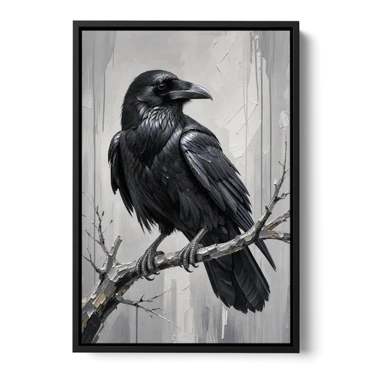 Black and White Raven on a Gnarled Branch - Black Framed Canvas Wall Art - Front