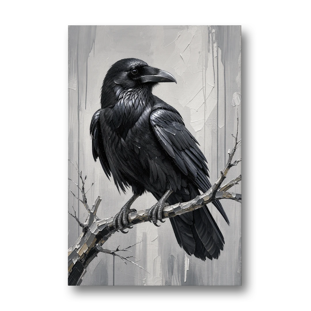 Black and White Raven on a Gnarled Branch - Canvas Wall Art - Front