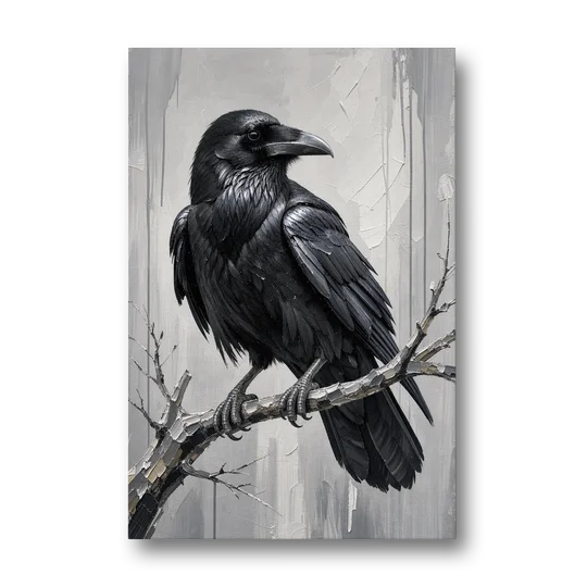 Black and White Raven on a Gnarled Branch - Canvas Wall Art - Front