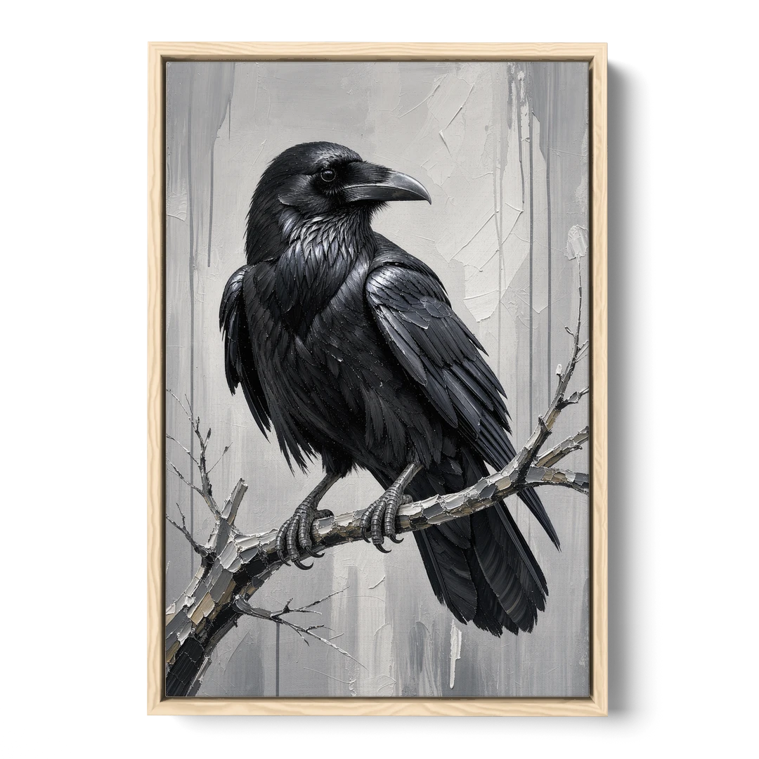 Black and White Raven on a Gnarled Branch - Oak Framed Canvas Wall Art - Front