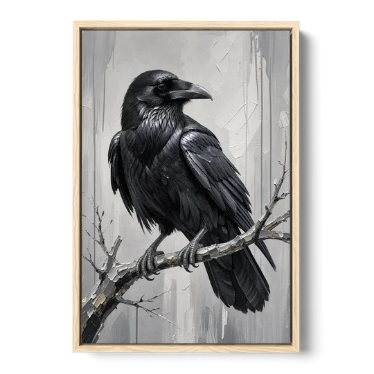 Black and White Raven on a Gnarled Branch - Oak Framed Canvas Wall Art - Front