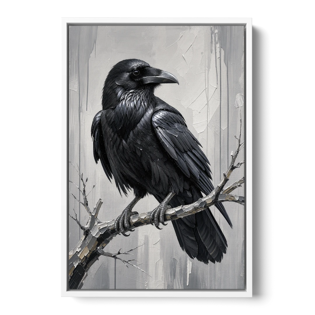 Black and White Raven on a Gnarled Branch - White Framed Canvas Wall Art - Front