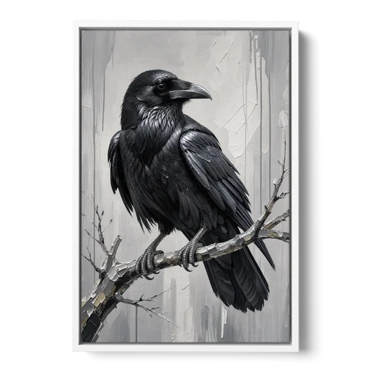 Black and White Raven on a Gnarled Branch - White Framed Canvas Wall Art - Front