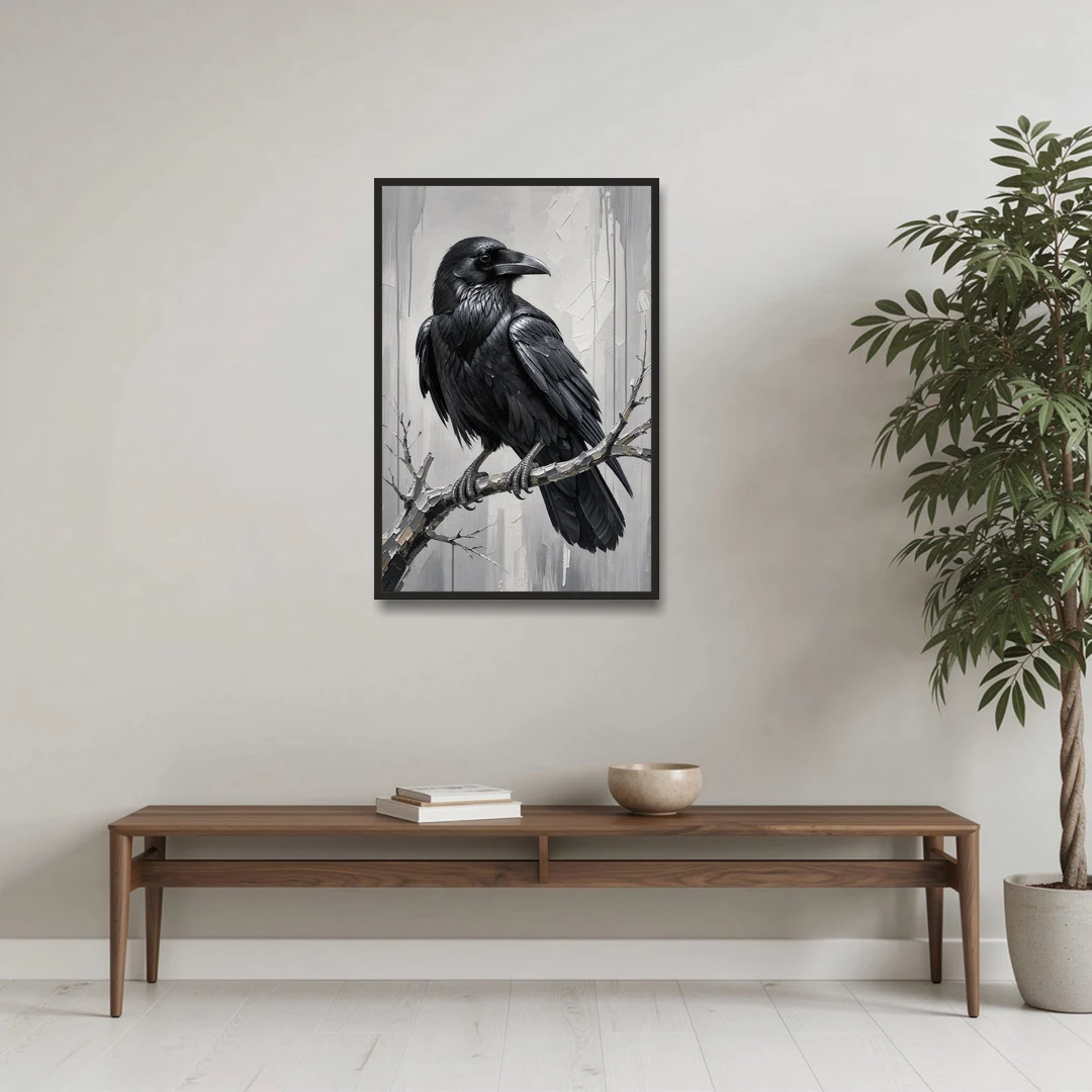 Black and White Raven on a Gnarled Branch - Black Framed Canvas Wall Art - Coffee Table - 24x36