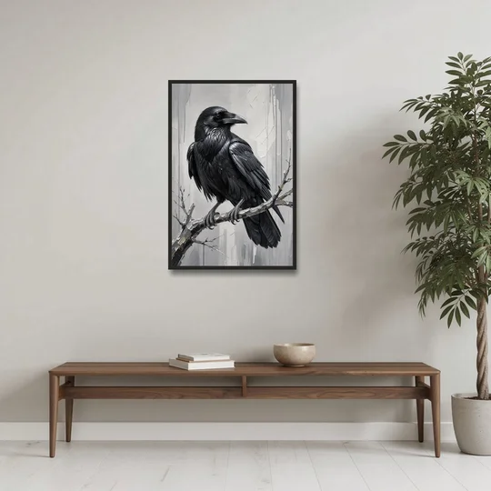 Black and White Raven on a Gnarled Branch - Black Framed Canvas Wall Art - Coffee Table - 24x36
