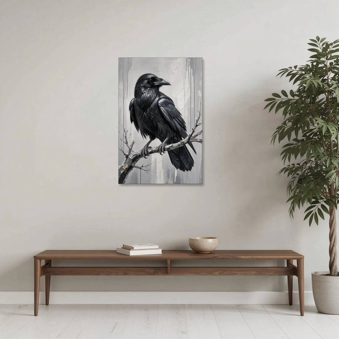 Black and White Raven on a Gnarled Branch - Canvas Wall Art - Coffee Table - 24x36
